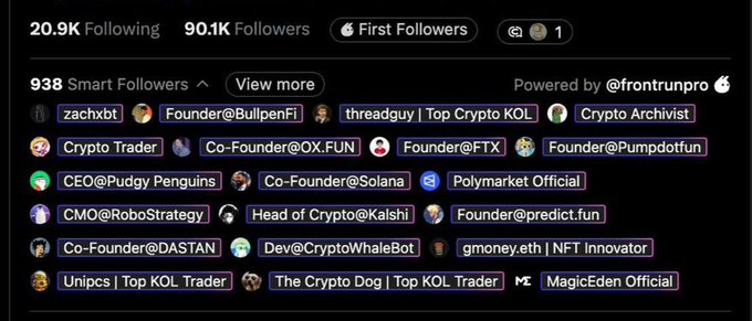 A Twitter/X profile screenshot showing 90.1K followers and a "Smart Followers" list powered by @frontrunpro, featuring crypto industry figures like founders of BullpenFi, FTX, Solana, and Pudgy Penguins, which the post uses to demonstrate the impressive following behind the $V &T token (contract: 91suMF9Gj1ZprYEXisfhpBJ1DzFRpWtjP551oD8mpump).