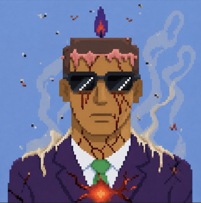Pixel art of a man in sunglasses and a suit with a green tie, featuring cracks and bleeding wounds, with a flame icon on his forehead and a glowing heart in his chest.