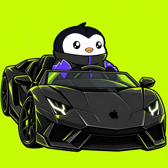A cartoon penguin wearing a black jacket with a purple and white emblem, driving a black Lamborghini with neon green accents against a bright green background.