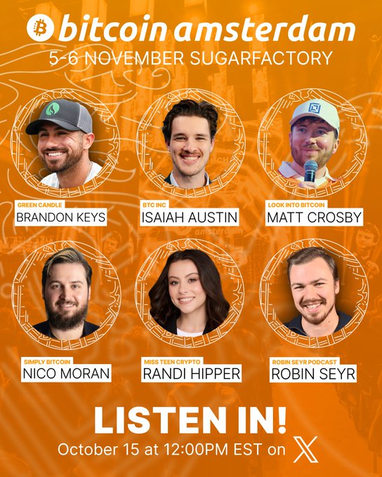Promotional graphic for Bitcoin Amsterdam (5-6 November, Sugarfactory) featuring speakers Brandon Keys (Green Candle), Isaiah Austin (BTC Inc), Matt Crosby (Look Into Bitcoin), Nico Moran (Simply Bitcoin), Randi Hipper (Miss Teen Crypto), and Robin Seyr (Robin Seyr Podcast), announcing a Twitter Spaces discussion on October 15 at 12:00PM EST about market expectations for the upcoming Bitcoin cycle.