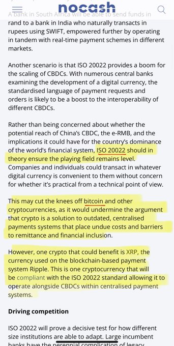 The image shows a news article discussing how ISO 20022 could undermine cryptocurrencies like Bitcoin, while highlighting XRP's potential benefit from compliance with the ISO 20022 standard for operating alongside CBDCs within centralized payment systems.