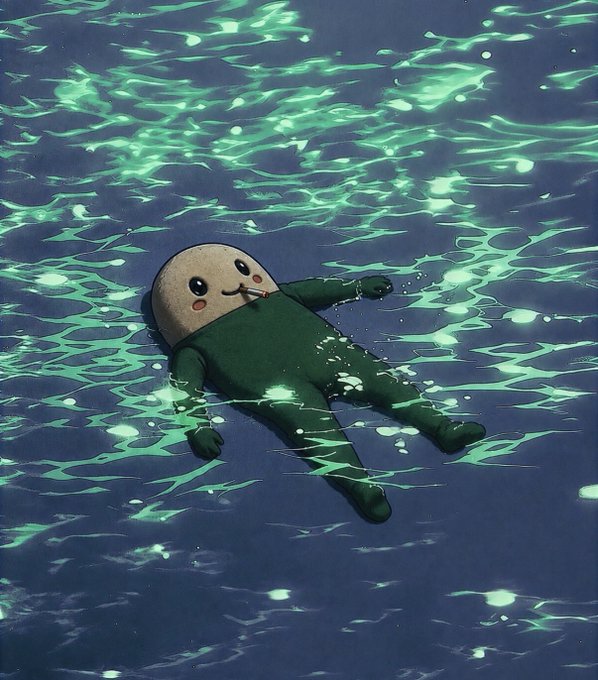 A cute cartoon figure with a round beige head and a green bodysuit floats peacefully on its back in rippling turquoise water, suggesting a relaxed, drifting state. The serene image contrasts the post's excitement about the "Cupsey chart," humorously implying the poster is "floating" while anxiously trying to stay quiet about its bullish performance.