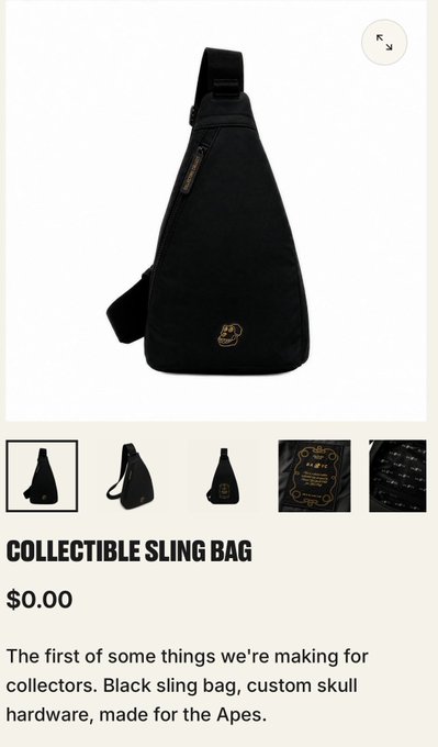 A product listing for a 'COLLECTIBLE SLING BAG' priced at $0.00, described as a black nylon sling bag with custom skull hardware 'made for the Apes.'