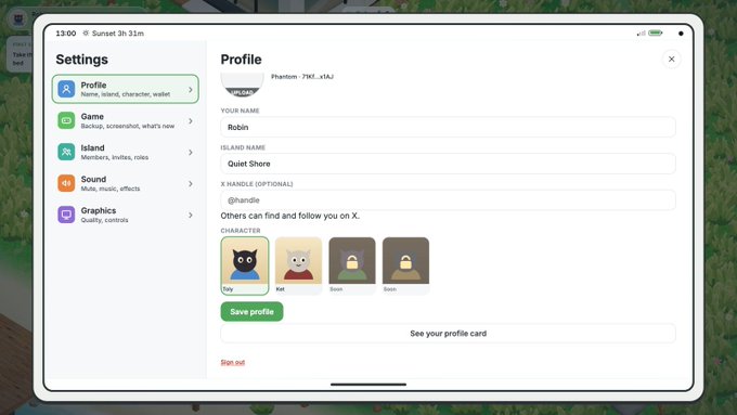 A tablet screenshot showing a Profile settings screen with the name "Robin," Island name "Quiet Shore," X handle "@handle," and four character options (Ray, Kat, Boon, Boon) with Ray selected.