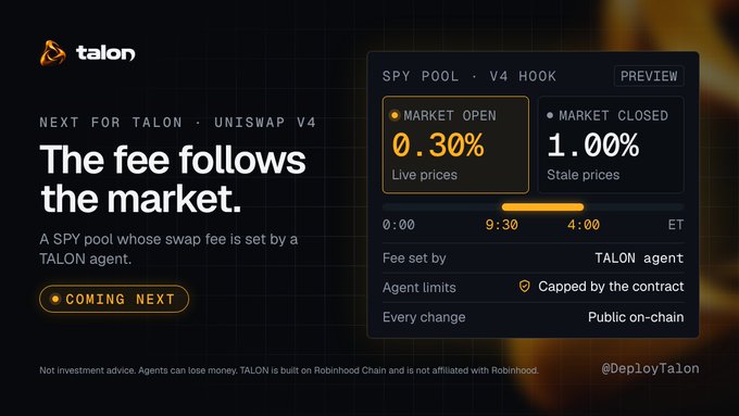 A promotional graphic for 'talon' on Robinhood Chain announcing 'NEXT FOR TALON · UNISWAP V4' with the tagline 'The fee follows the market,' showing a preview of a V4 hook feature with market open/closed fees of 0.30% and 1.00%.