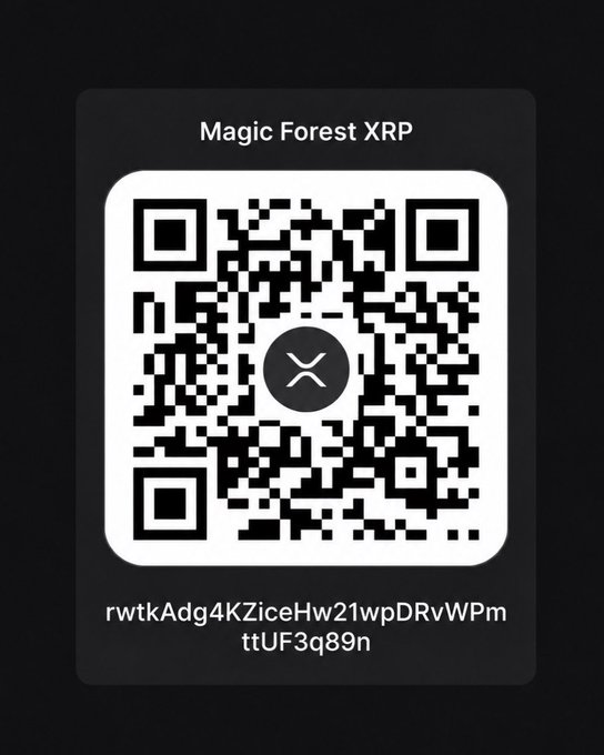 A QR code labeled 'Magic Forest XRP' with the XRP logo, displaying the wallet address 'rwtkAdg4KZiceHw21wpDRvWPmttUF3q89n' beneath.