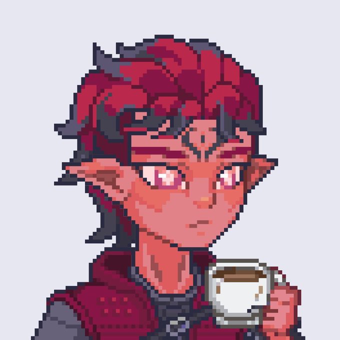 A pixel art portrait of a red-skinned elf-like character with dark red hair and pointed ears, holding a cup of coffee.