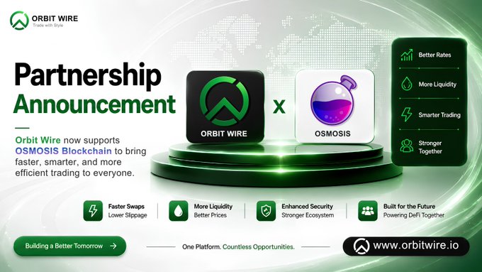 A promotional graphic titled 'Partnership Announcement' featuring logos for Orbit Wire and Osmosis, highlighting benefits like 'Better Rates,' 'More Liquidity,' 'Smarter Trading,' and 'Stronger Together,' with the website www.orbitwire.io.