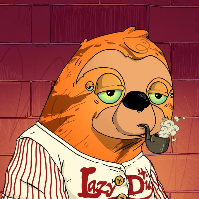 A cartoon illustration depicts an orange anthropomorphic dog-like character with droopy green eyes, smoking a pipe, and wearing a red and white striped shirt that reads "Lazy D...".