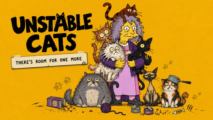 Promotional artwork for 'Unstable Cats' with the tagline 'There's Room For One More,' featuring a witch surrounded by various quirky cats on a yellow background.
