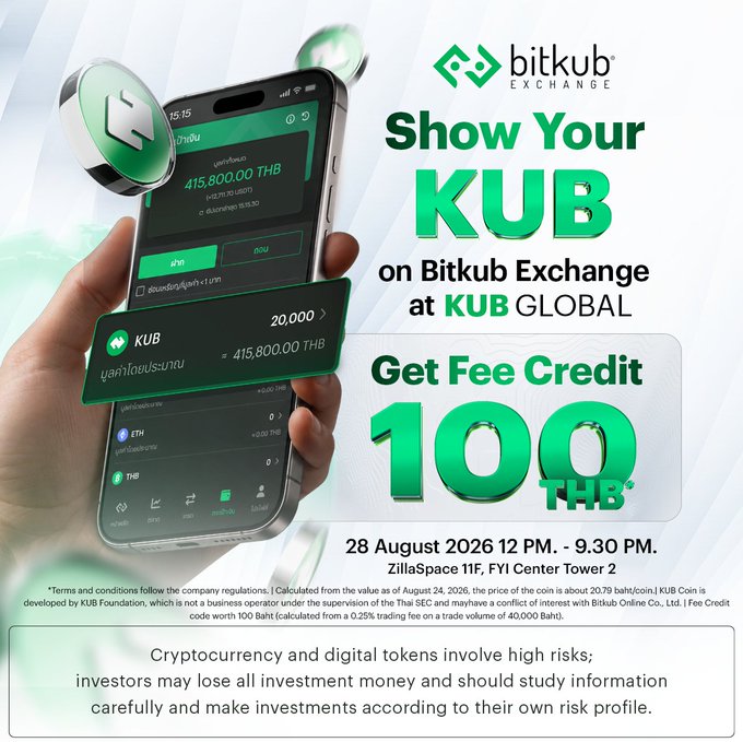 A promotional poster for Bitkub Exchange announces a 100 THB fee credit for KUB holders who attend the KUB Global event on August 28, 2026, from 12:00 PM – 9:30 PM at ZillaSpace 11F, FYI Center Tower 2, showing a smartphone displaying a KUB balance of 415,800.00 THB.