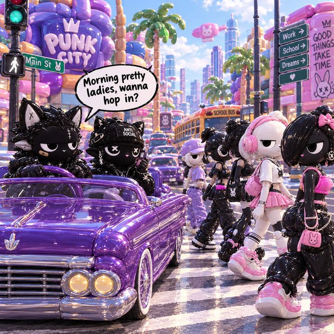 A glittery purple convertible with two cat-eared characters in the back says "Morning pretty ladies, wanna hop in?" to a group of punk-styled plush figures crossing "Main St" in a vibrant "PUNK CITY," fitting the "GM" (good morning) greeting with a playful, chaotic twist.