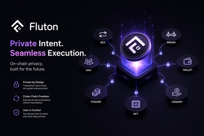 A promotional graphic for 'Fluton' featuring the text 'Private Intent. Seamless Execution. On-chain privacy, built for the future,' with icons for DEX, Bridge, Wallet, Lending, NFT, Staking, and DAO connected to a central glowing logo.