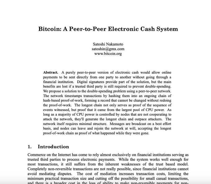 The title page of the famous Bitcoin whitepaper 'Bitcoin: A Peer-to-Peer Electronic Cash System' by Satoshi Nakamoto (satoshin@gmx.com, www.bitcoin.org), featuring the abstract and introduction.