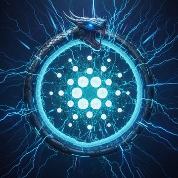 A digital artwork of a dragon coiled around a circular glowing blue emblem with lightning effects against a dark background, featuring the Cardano (ADA) cryptocurrency logo in the center.