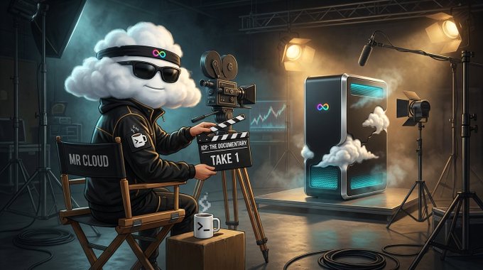 A cartoonish cloud character wearing sunglasses and a black jacket labeled 'MR CLOUD' sits in a director's chair, holding a clapperboard marked 'TAKE 1' next to a film camera and glowing computer tower.