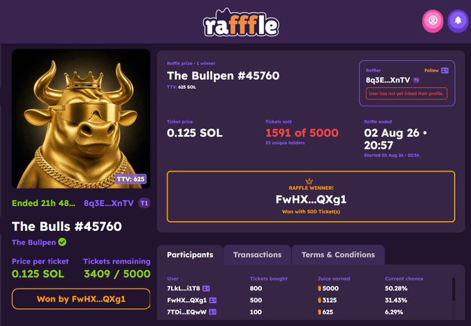 Screenshot of a raffle result page on Rafffle showing "The Bullen #45760" ended with TTV value 625, won by FwHX...QXg1.