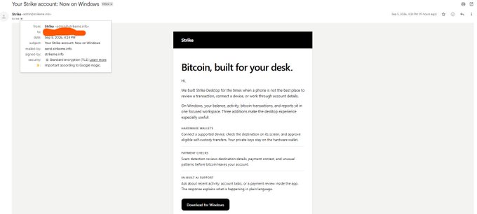 An email client displays a message with the subject 'Your Strike account: Now on Windows', containing promotional text for Strike's desktop app, including phrases like 'Bitcoin, built for your desk' and 'WALDENESS WALLETS'.