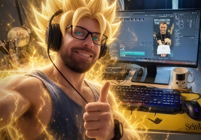 A digital composite image showing a man with glasses and headphones giving a thumbs-up, edited to have Super Saiyan-style spiky blonde hair and surrounded by glowing yellow energy effects, with a gaming PC and monitor in the background.
