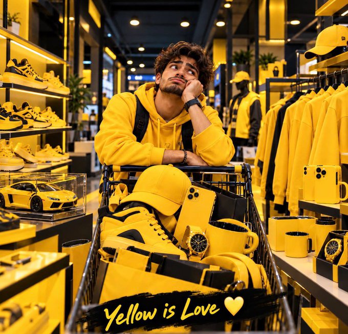 A man wearing a yellow hoodie rests his chin on his hand while leaning on a shopping cart filled with various yellow items, including sneakers, a cap, mugs, and a watch, in a store filled with yellow merchandise. The text 'Yellow is Love' with a heart symbol is written at the bottom.