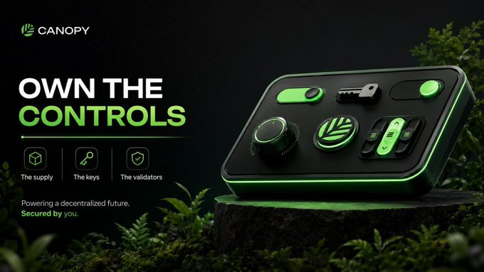 A dark promotional graphic for "CANOPY" with the tagline "OWN THE CONTROLS," listing icons for "The supply," "The keys," and "The validators," alongside a glowing green device on a tree stump.