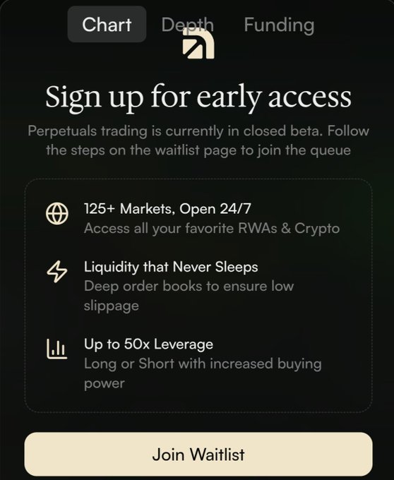 The image shows an "Arcus" promotional card with "Sign up for early access" for perpetuals (perpetual futures) trading, highlighting "125+ Markets," "Liquidity that Never Sleeps," and "Up to 50x Leverage," alongside a "Join Waitlist" button. It connects to the post by advertising that Arcus is launching perps access, which the user—already impressed with Arcus's spot trading performance—is eager to join.