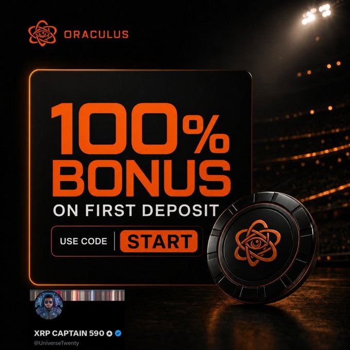 A promotional advertisement for 'ORACULUS' offering a '100% BONUS ON FIRST DEPOSIT' with a 'USE CODE START' button, watermarked by 'XRP CAPTAIN 590 @UniverseTwenty'.