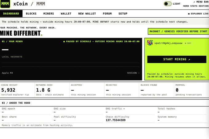 Screenshot of the xCoin / MMM cryptocurrency mining dashboard (light mode) showing a paused mining session on an Apple M4 with chain height 5,932, network hash 1.8 G/s, chain difficulty 137.75544389, and a 'Start Mining' button displayed for a user labeled 'kpalrr0g4kj_seqquuw'.