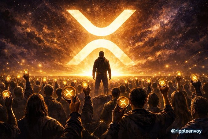 A digital artwork showing a crowd of people holding XRP tokens facing a large glowing XRP logo in the sky, with the handle '@rippleenvoy' in the corner.
