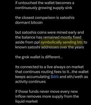 **Caption:** A text excerpt discussing how the untouched "grok wallet" functions as a continuously growing supply sink, comparing it to dormant satoshis and noting that Moonpay symbolically sent BTC to the wallet, with funds automatically routed into it via market routing fees, accumulating $drib and eth/weth.

**Relevance:** The image illustrates the post's point about today's symbolic BTC transfer from Moonpay to the grok wallet, reinforcing the concept that this wallet increasingly absorbs circulating supply over time through fee-based routing and symbolic contributions.