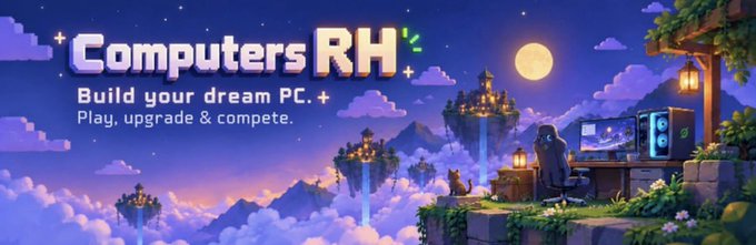 A pixel-art promotional banner for "Computers RH" displays the tagline "Build your dream PC. Play, upgrade & compete." against a fantasy sky scene featuring floating castles, a moonlit gaming setup with a PC tower, and a fox companion—though the imagery has no direct connection to the Robinhood Chain cryptocurrency being promoted in the accompanying post.