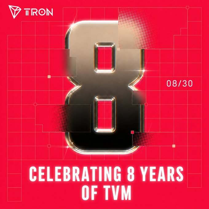 A red promotional graphic for TRON features a large metallic number '8' with the text '08/30' and 'CELEBRATING 8 YEARS OF TVM'.