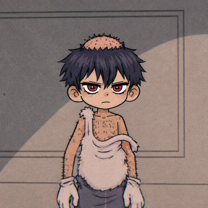 A chibi-style illustration of a young boy with dark hair, red eyes, and a small patch of exposed scalp, wearing a tattered tank top and gloves, standing in a dimly lit room with a defiant expression. The image mirrors the caption's theme of reckless memecoin trading losses and stubborn refusal to quit—capturing the chaotic, frayed, yet determined spirit of someone who keeps aping despite repeated wipeouts.