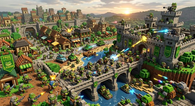 A voxel-style video game battle scene depicting a "Frog Legion" army with green tanks, soldiers, and aircraft fighting across a bridge near a castle and medieval village.