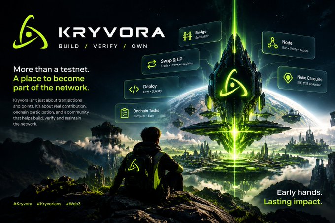 A promotional image for KRYVORA with the tagline 'BUILD / VERIFY / OWN' and 'More than a testnet. A place to become part of the network,' featuring a futuristic sci-fi landscape with green holographic text overlays listing features like 'Bridge,' 'Node,' and 'Swap & LP.'