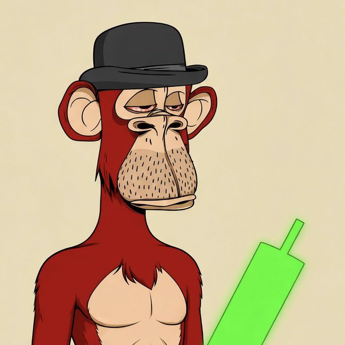 A bored-looking cartoon ape in a bowler hat stands beside a bright green candlestick, mirroring the post's sentiment of waking up unimpressed by Bitcoin hitting $75K—the green candle representing BTC's upward move while the monkey's deadpan expression captures the "barely a reaction" mood.