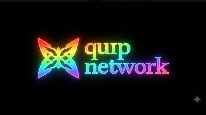 A neon-style logo on a black background featuring a colorful butterfly/owl-like icon next to the text "quip network" in rainbow gradient lettering.