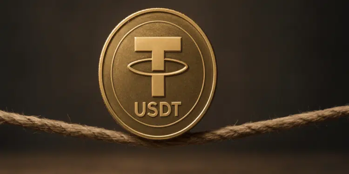 The image features a gold coin with the word "USDT" written on it, which is a digital token. The coin is placed on top of a rope that is stretched across the frame. The background of the image is dark gray, providing a stark contrast to the golden coin and the rope. The text in the image reads: "On July 1st, the definitive entry into force of the Regulation on the Crypto-Assets Market (MiCA) will force regulated platforms in Spain and the rest of the European Union to withdraw USDT from their showcases." This message is related to the USDT token as it is being discussed in relation to the coin.
