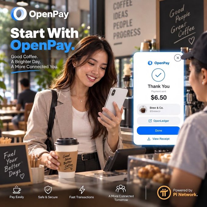 An OpenPay marketing image showing a smiling woman holding a phone and coffee at a cafe, with a payment confirmation overlay reading 'Thank You - Payment sent $6.50' to Brew & Co., powered by Pi Network.