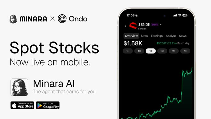 A promotional banner for MINARA x Ondo announces 'Spot Stocks Now live on mobile' featuring Minara AI, available on the App Store and Google Play, alongside a phone screen showing a stock chart.