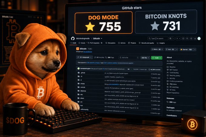 Digital artwork of a Shiba Inu dog wearing an orange Bitcoin hoodie sitting at a keyboard, with GitHub statistics showing 'DOG MODE 755 stars' and 'BITCOIN KNOTS 731 stars'.