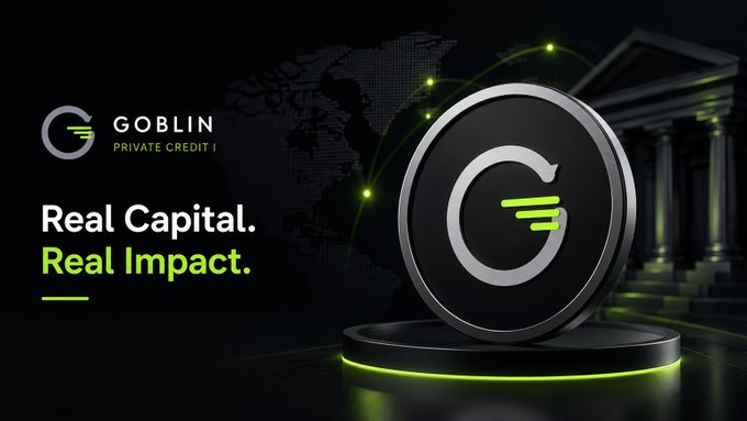 A promotional graphic for 'GOBLIN PRIVATE CREDIT I' featuring the slogan 'Real Capital. Real Impact.' alongside a metallic coin logo with a green 'G' emblem.