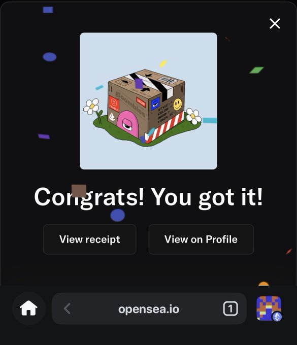 A mobile OpenSea confirmation screen displaying a pixel art shipping box NFT with the text 'Congrats! You got it!' along with View receipt and View on Profile buttons.