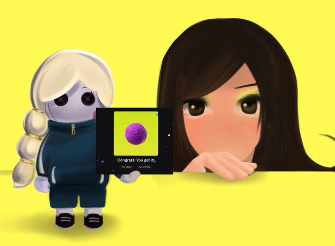 A 3D-rendered doll-like character with blonde braids and stitched eyes stands next to a large animated female character with brown hair against a yellow background; they are displaying a notification that says 'Congrats! You got it.'