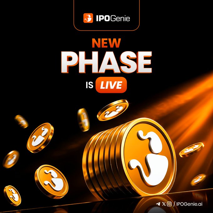 A promotional graphic for IPOGenie announcing 'NEW PHASE IS LIVE' featuring gold coins with their logo.
