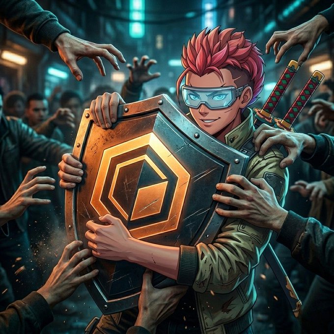 The image features a man holding a shield that has a hexagon on it. The shield appears to be made of metal or some other durable material. Surrounding this central figure, there are numerous hands reaching out towards him, suggesting an intense interaction between the people and the shield. The post also mentions Coretoshi's beliefs in Core's work and how they hold on to what Core is building. This implies that Core has a strong influence or authority over the situation depicted in the image.