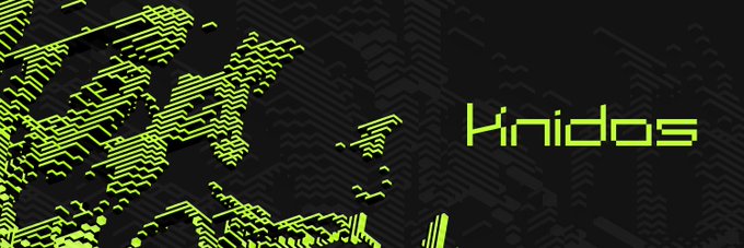 A digital graphic with a black background featuring green isometric 3D block formations on the left and the text "Knidos" in green pixelated font on the right.