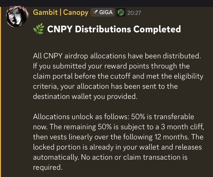 A Discord post from "Gambit | Canopy" in the GIGA channel announces that CNPY airdrop allocations are complete, with 50% transferable now and the remaining 50% vesting after a 3-month cliff over 12 months, while the accompanying text laments that over 80% of users were deemed ineligible and received nothing.