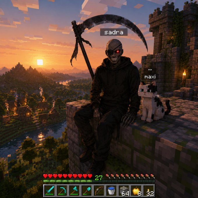 A Minecraft scene at sunset featuring a grim reaper character labeled 'sadra' holding a scythe, sitting on a wall next to a pixelated cat named 'maxi', with hearts, food, and an inventory hotbar at the bottom.