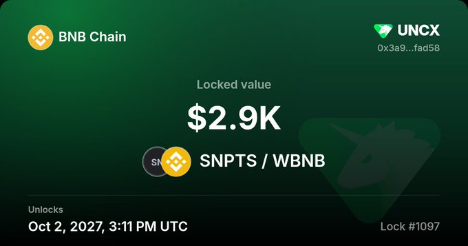 A UNCX Network liquidity lock interface for BNB Chain shows a locked value of $2.9K for the SNPTS/WBNB pair, with an unlock date of Oct 2, 2027, 3:11 PM UTC.